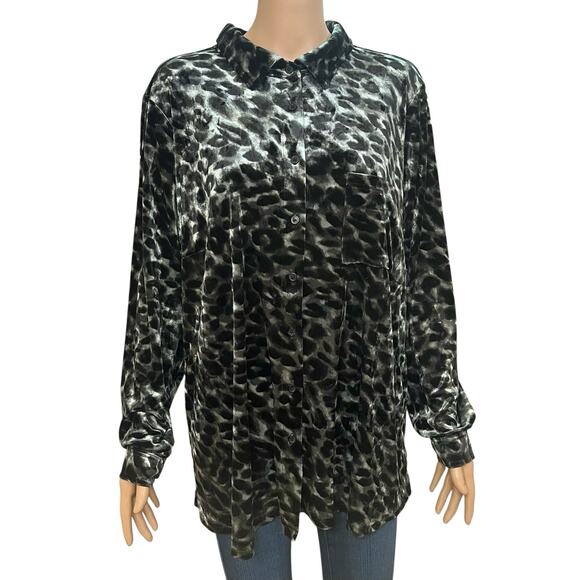 Belle By Kim Gravel Animal Print Velvet Tunic Top 1X Long Sleeve Button Down - Picture 1 of 7